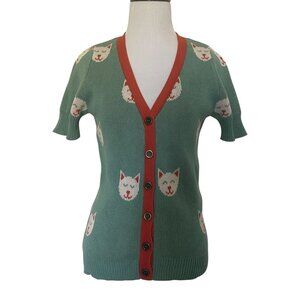 Modcloth Womens Cardigan Sweater Sz XS Cat Kitty Cute Retro Cotton Teal Orange
